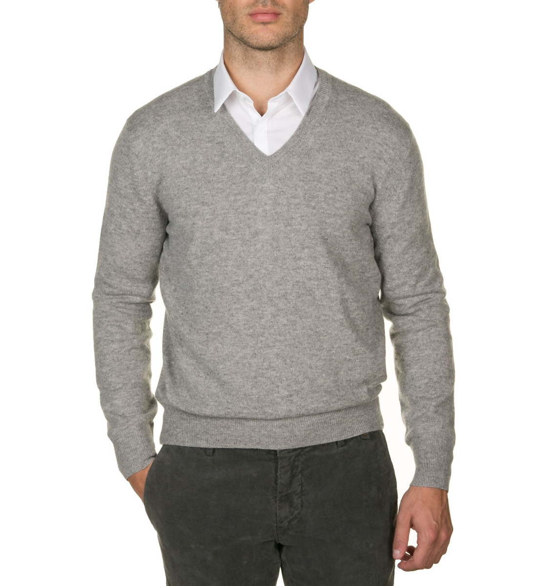 Pull col v 100% cachemire GRIS CLAIR